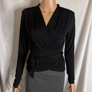 JOLLYCODE Black Wrap Long‎ Sleeve Tie Waist Elegant Blouse Top Women's S